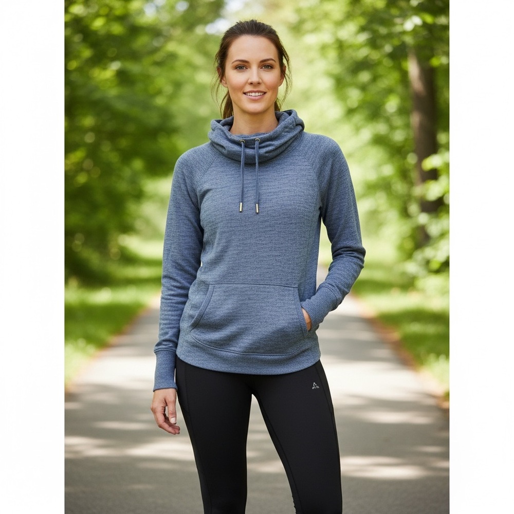 Athleta Blue Space Dye Techie Sweat Cowl Neck Hoodie. M
